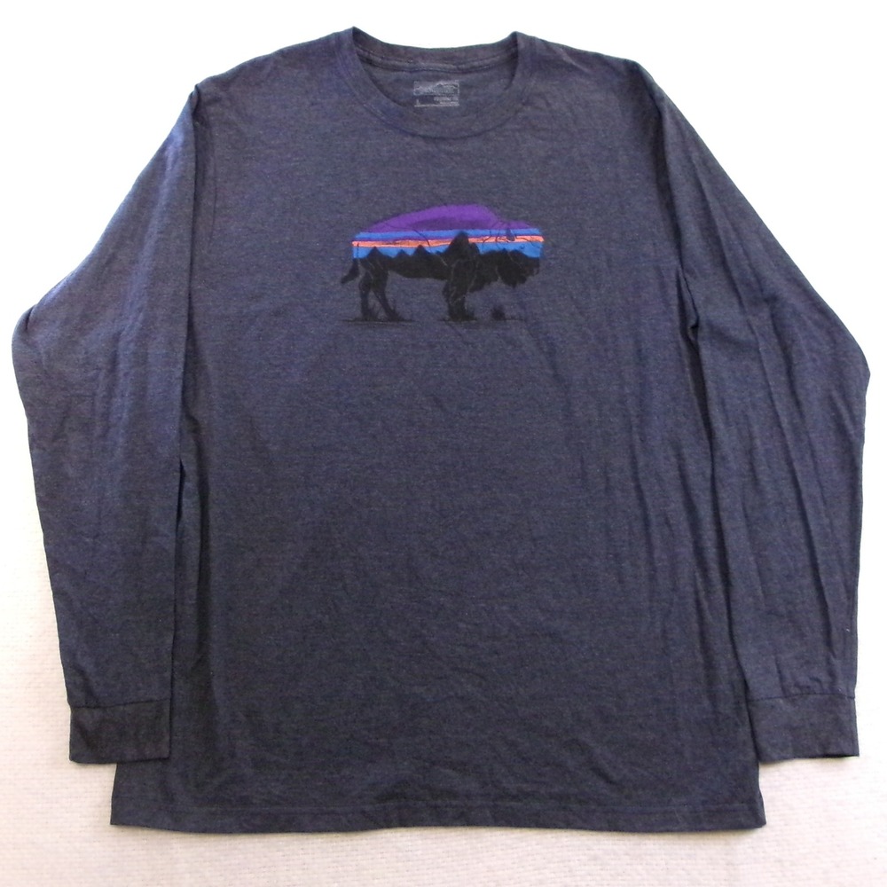 Patagonia Mens L Long Sleeve T-Shirt Navy Blue Bison Fitz Roy Graphic‎ 39373